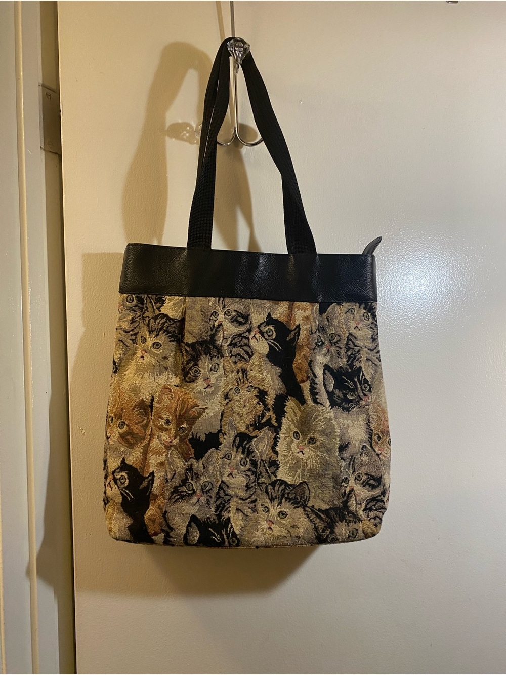 Cat Print Tapestry Tote Bag with Black Trim